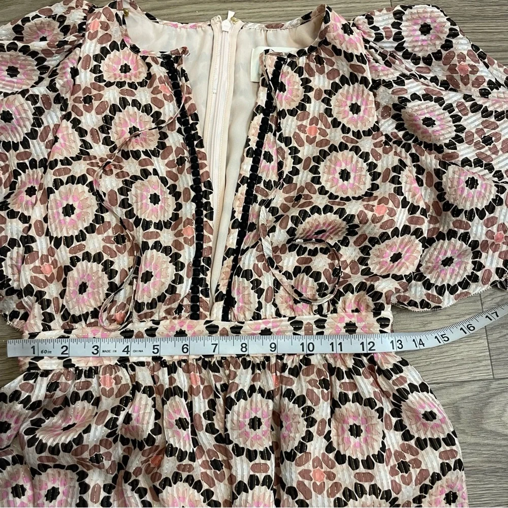 Kate Spade Pink By the Pool Mosaic Floral Print Metallic Stripe Ruffle Dress